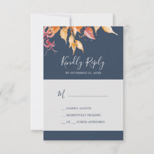 Fall Leaves   Navy Blue Simple RSVP Card
