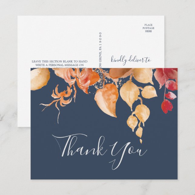 Fall Leaves | Navy Blue Thank You Postcard (Front/Back)
