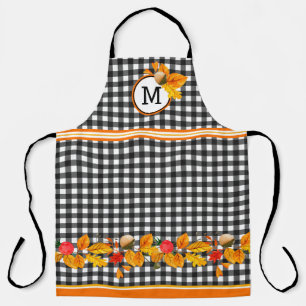 Fall Leaves On Black Gingham Monogrammed Apron