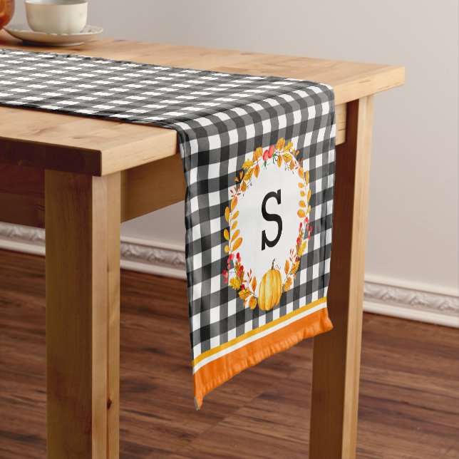Fall Leaves On Black Gingham Personalised Short Table Runner (In Situ)