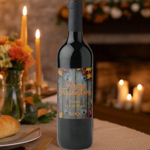 Fall Leaves on Rustic Wood Happy Thanksgiving Wine Label