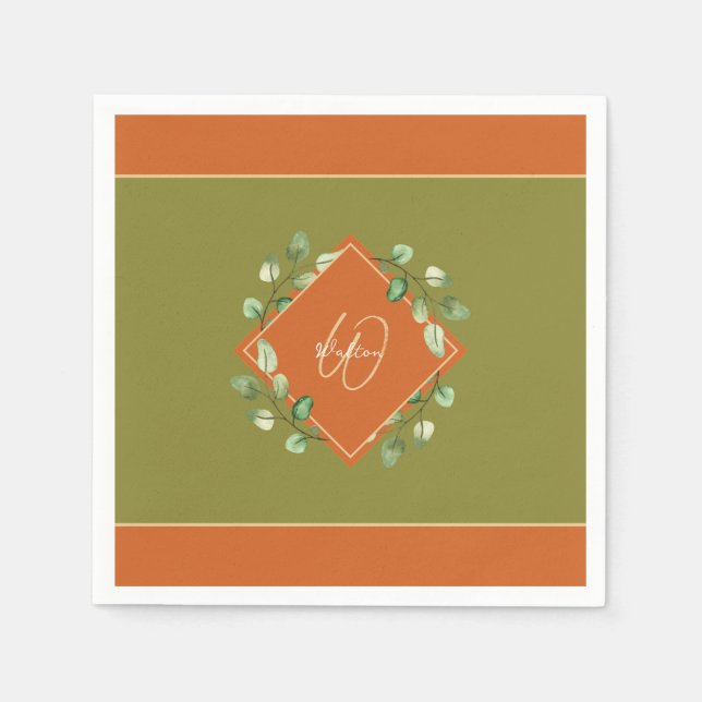 Fall Leaves Orange and Green Monogrammed Paper Napkin (Front)