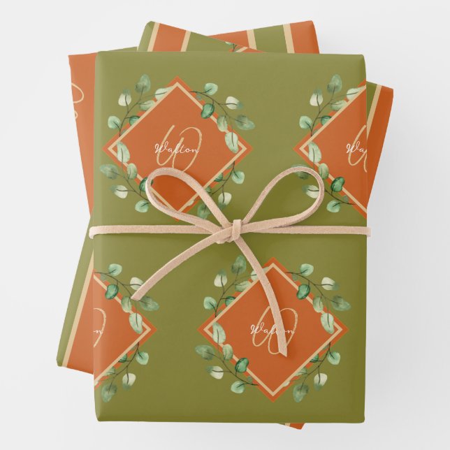 Fall Leaves Orange and Green Monogrammed Wrapping Paper Sheet (In situ)