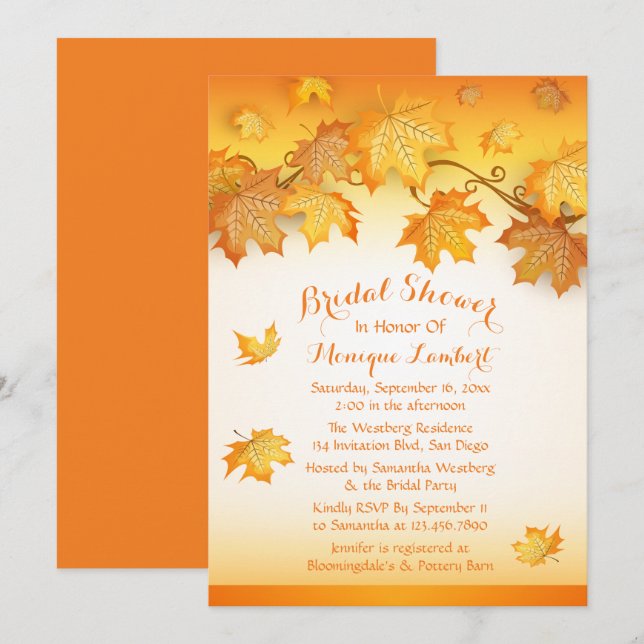 Fall Leaves Orange Bridal Shower Rustic Autumn Invitation (Front/Back)