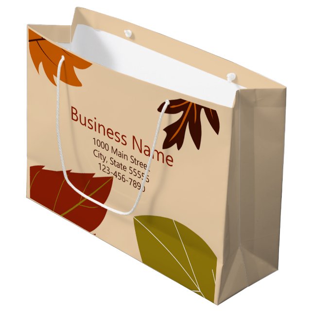 Fall Leaves Orange Green and Brown Business Name Large Gift Bag (Front Angled)