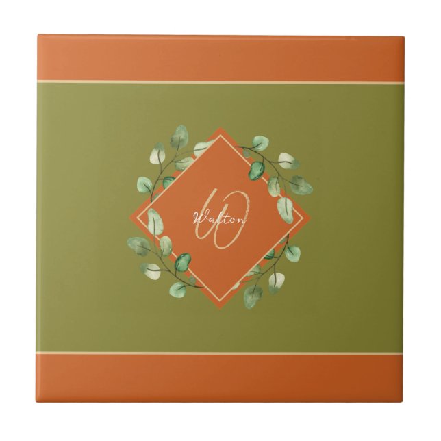 Fall Leaves Orange + Green Monogrammed Decorative Tile (Front)