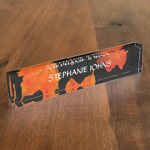 Fall Leaves Orange Monogrammed Name Black 2020 Nameplate
