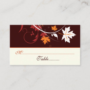 Fall leaves orange red white wedding place card