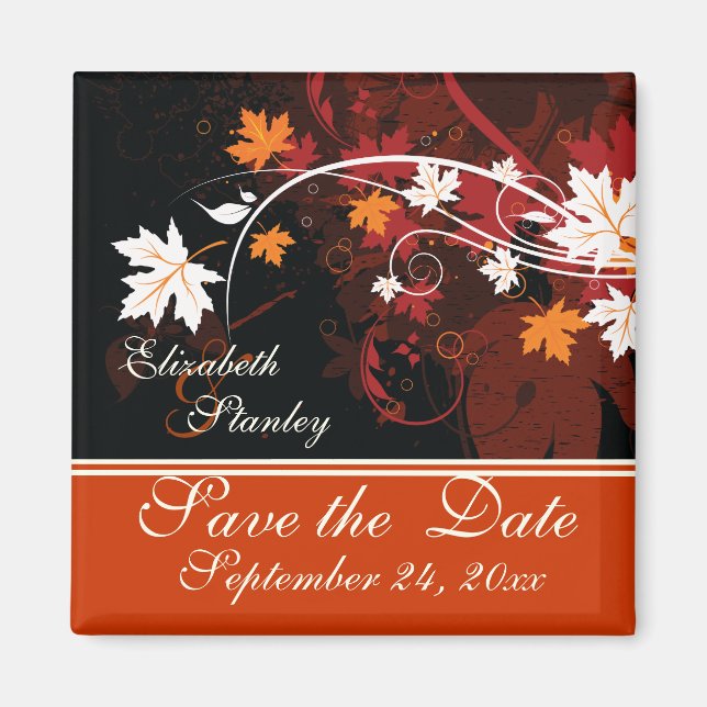 Fall leaves orange red white wedding Save the Date Magnet (Front)