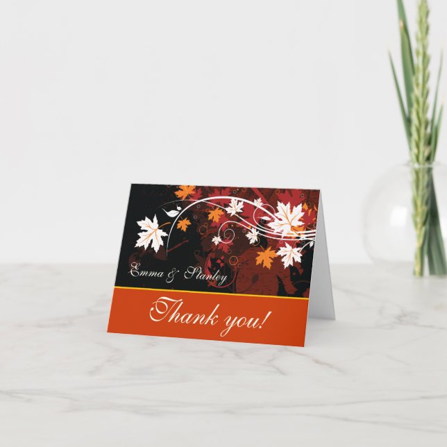 Fall leaves orange red white wedding Thank You (Front)
