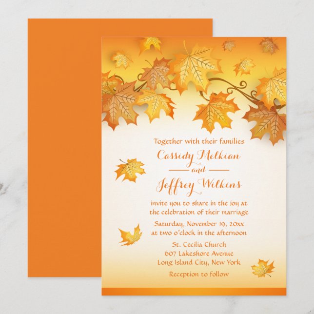 Fall Leaves Orange Wedding Rustic Country Autumn Invitation (Front/Back)