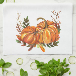 Fall Leaves Ornage Pumpkins Fancy Tea Towel