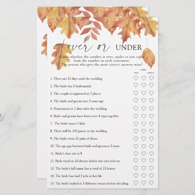 Fall leaves - Over or under bridal shower game (Front/Back)