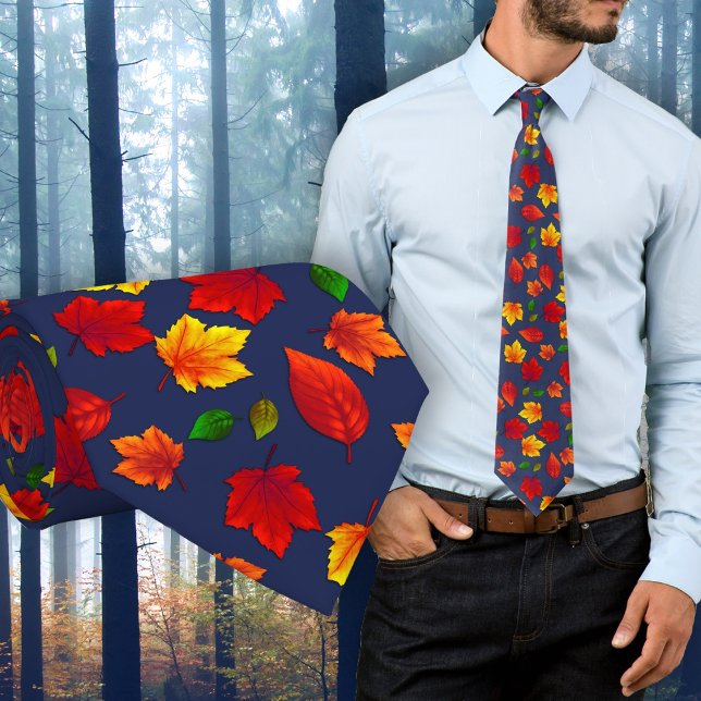 Fall Leaves Pattern Dark Blue Autumn Tie (Creator Uploaded)
