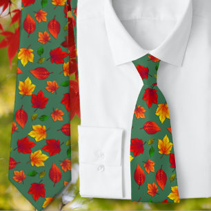 Fall Leaves Pattern Forest Green Autumn Tie