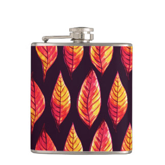 Fall Leaves Pattern In Dark Red And Yellow Hip Flask