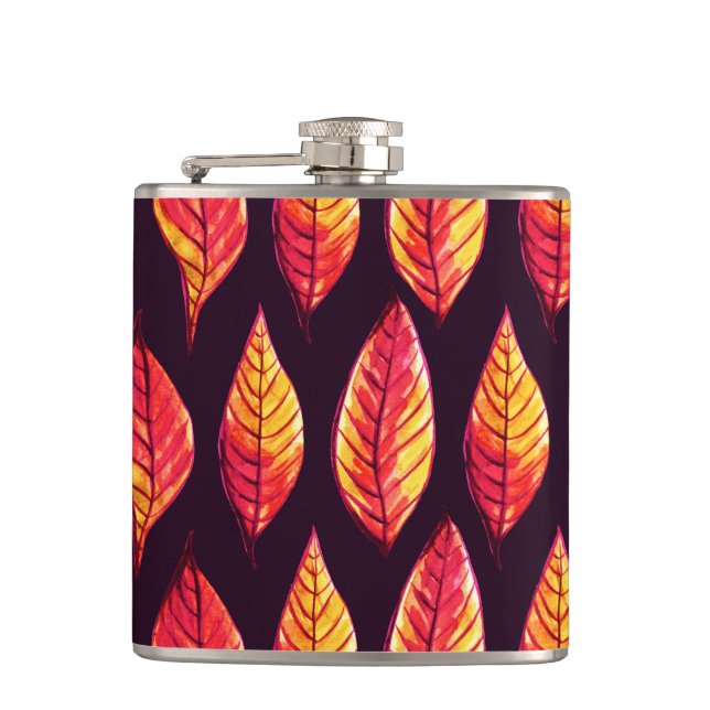 Fall Leaves Pattern In Dark Red And Yellow Hip Flask (Front)