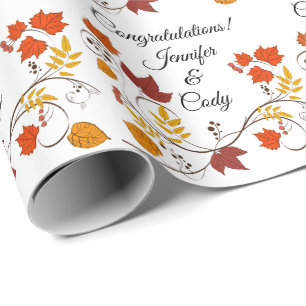 Fall Leaves Personalise  Names Wedding Gift Wrappi Wrapping Paper