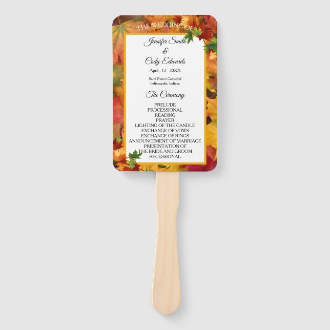 Fall Leaves Personalise Wedding Program Hand Fan (Front)