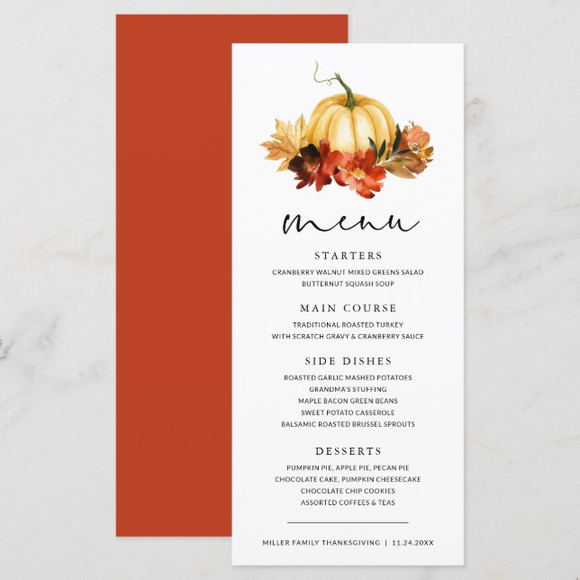 Fall Leaves Pumpkin Thanksgiving Dinner Menu (Front/Back)
