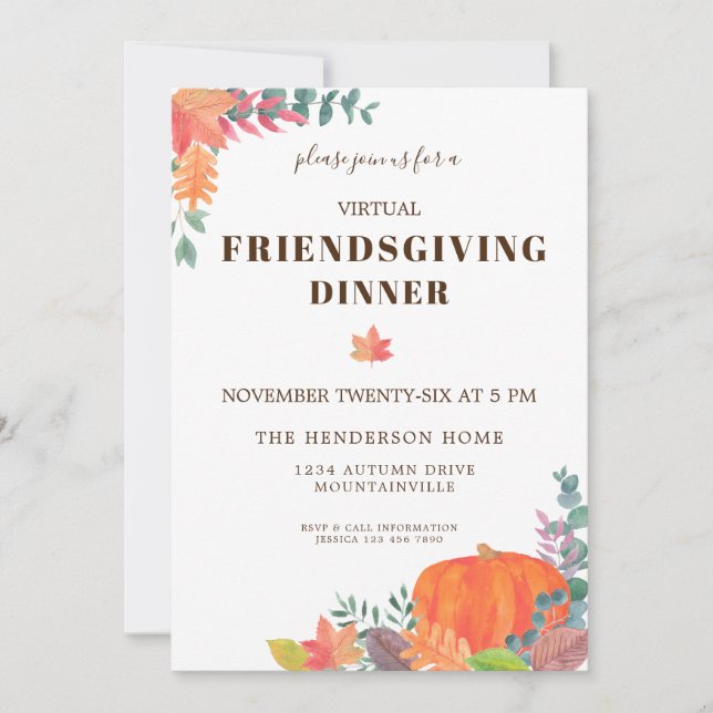 Fall Leaves Pumpkin Virtual Friendsgiving Dinner Invitation (Front)