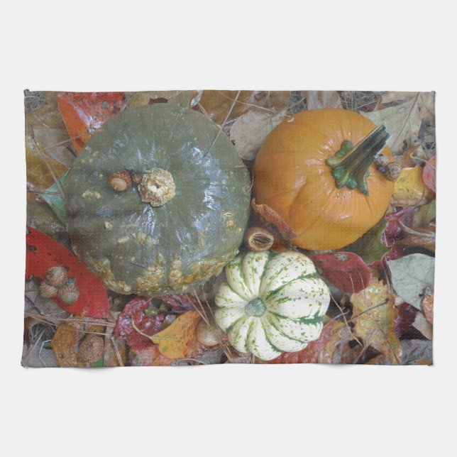 Fall leaves Pumpkins and Gourds Tea Towel (Horizontal)