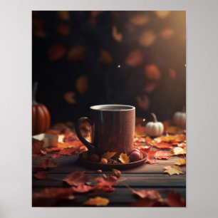 Fall Leaves Pumpkins & Coffee Poster