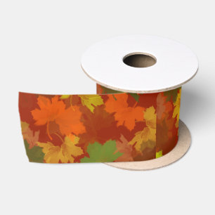 Fall Leaves - Red Background Satin Ribbon