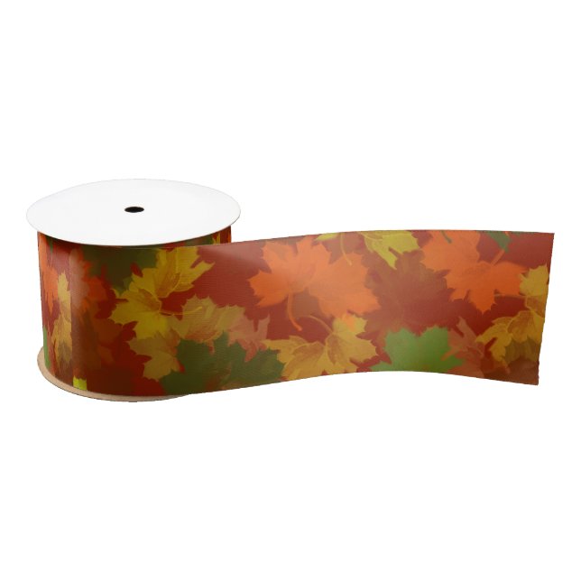 Fall Leaves - Red Background Satin Ribbon (Spool)