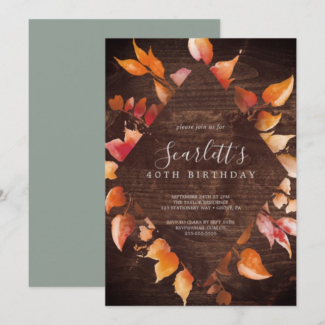 Fall Leaves | Rustic Brown Wood 40th Birthday Invitation (Front/Back)