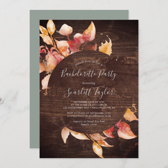 Fall Leaves | Rustic Brown Wood Bachelorette Invitation (Front/Back)