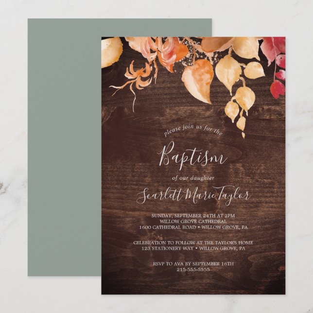 Fall Leaves | Rustic Brown Wood Baptism Invitation (Front/Back)