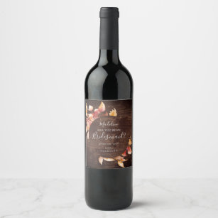 Fall Leaves Rustic Brown Wood Bridesmaid Proposal Wine Label