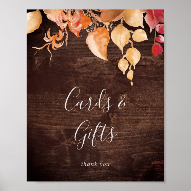 Fall Leaves Rustic Brown Wood Cards and Gifts Sign (Front)