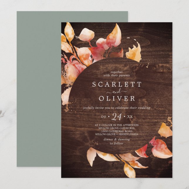 Fall Leaves | Rustic Brown Wood Casual Wedding Invitation (Front/Back)