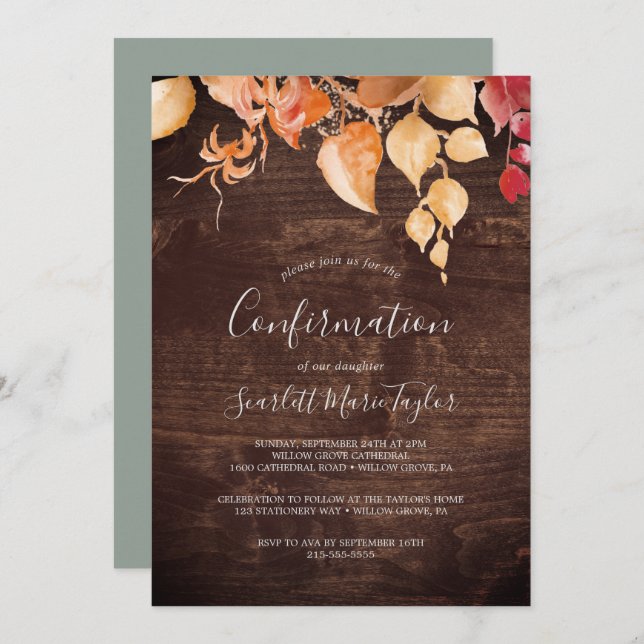 Fall Leaves | Rustic Brown Wood Confirmation Invitation (Front/Back)