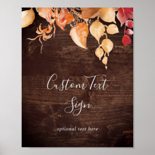 Fall Leaves Rustic Brown Wood Custom Text Sign