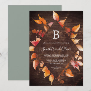 Fall Leaves   Rustic Brown Wood Diamond Wedding Invitation