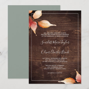 Fall Leaves   Rustic Brown Wood Formal Wedding Invitation
