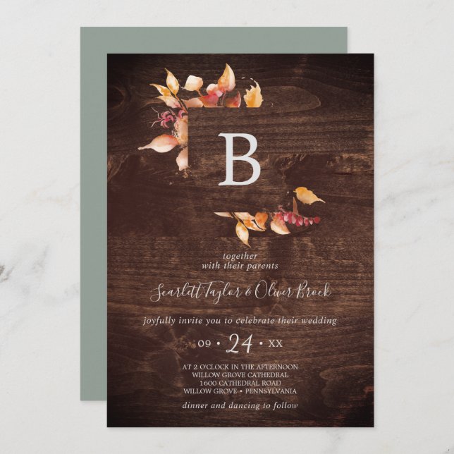 Fall Leaves | Rustic Brown Wood Monogram Wedding Invitation (Front/Back)