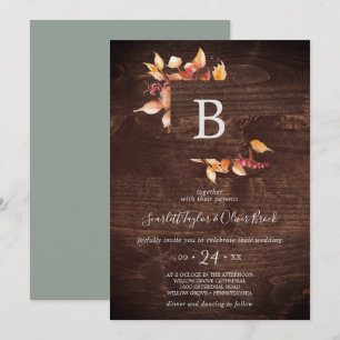 Fall Leaves Rustic Brown Wood Monogram Wedding Invitation