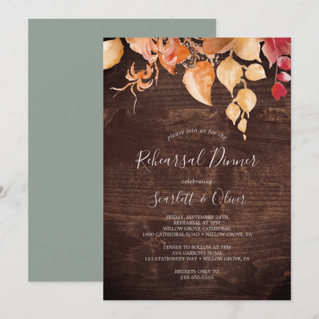 Fall Leaves | Rustic Brown Wood Rehearsal Dinner Invitation (Front/Back)