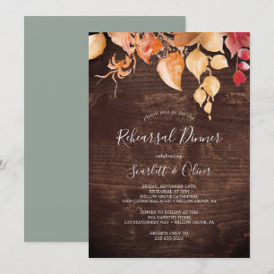 Fall Leaves   Rustic Brown Wood Rehearsal Dinner Invitation