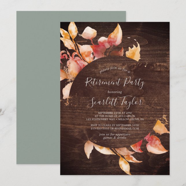 Fall Leaves | Rustic Brown Wood Retirement Party Invitation (Front/Back)