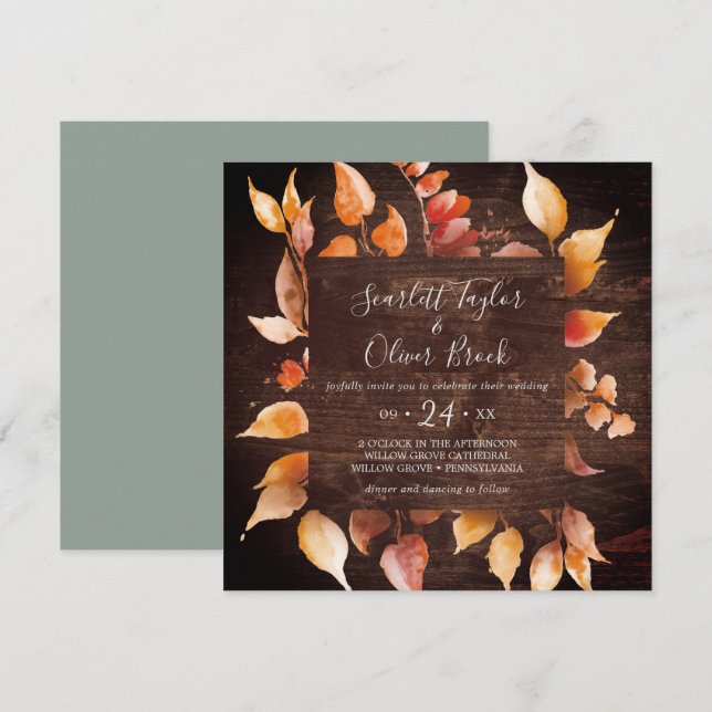 Fall Leaves | Rustic Brown Wood Square Wedding Invitation (Front/Back)