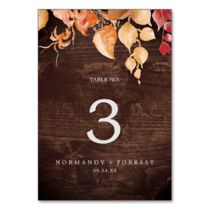 Fall Leaves   Rustic Brown Wood Table Number