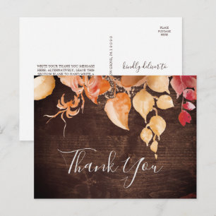 Fall Leaves   Rustic Brown Wood Thank You Postcard