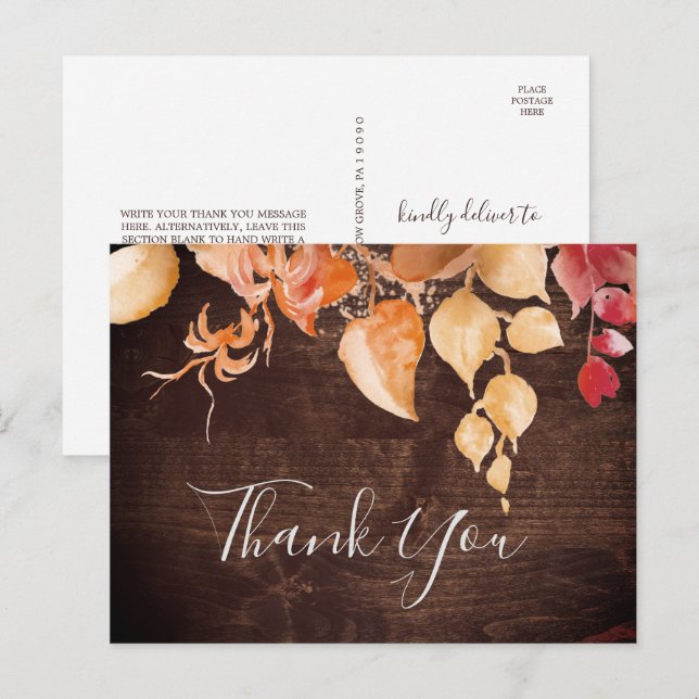 Fall Leaves | Rustic Brown Wood Thank You Postcard (Front/Back)