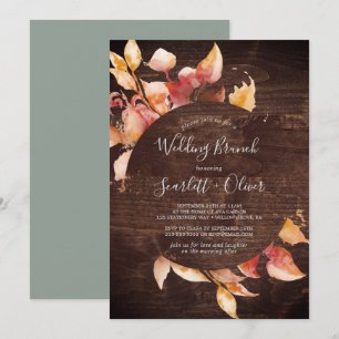 Fall Leaves   Rustic Brown Wood Wedding Brunch Invitation