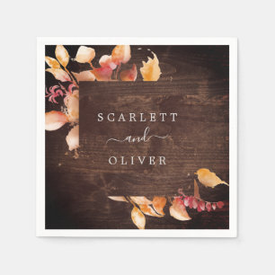 Fall Leaves Rustic Brown Wood Wedding Napkin